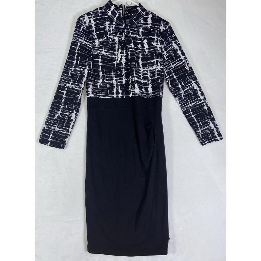 HOMEYEE Womens 10 Mini Dress A line Single Black Stretch 3/4 Sleeve EUC Abstract